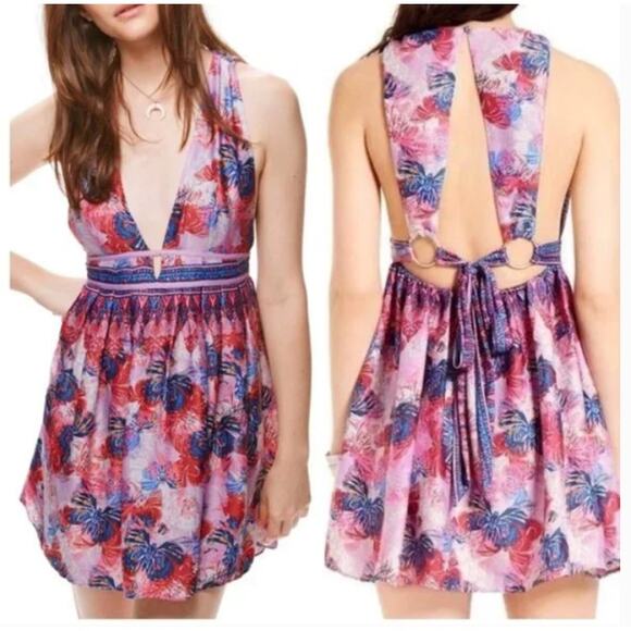 NEW Free People Mini Dress XS Daydreamin Butterfly Halter Pink Flare Back Tie - Picture 1 of 15
